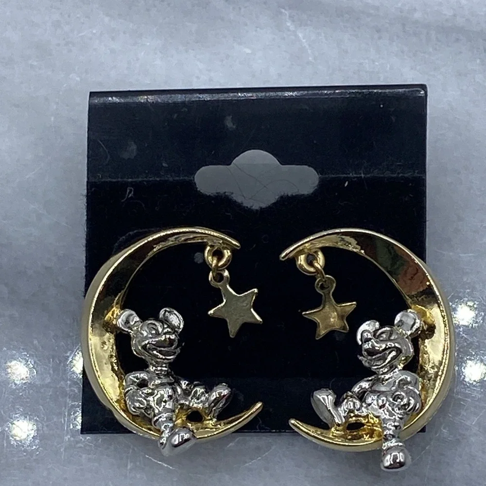 Disney Womens OS Earrings Gold Silver Mickey Mouse Moon Star Dangle Studs